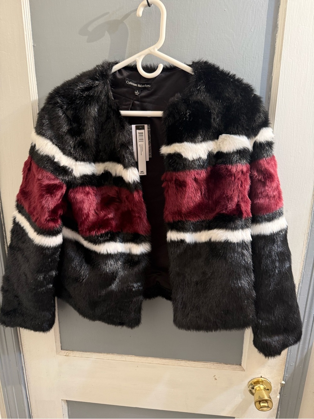 Catherine Malandrino Black, White & Burgundy Faux Fur Stripe Jacket